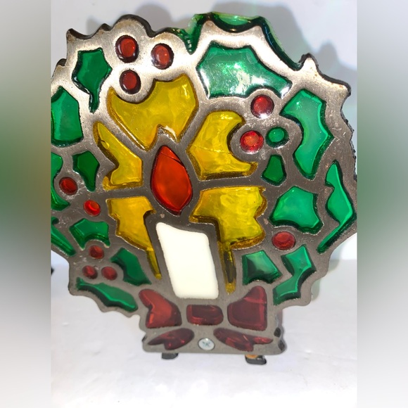 Vtg Candle Holder Cast Iron metal Stained Glass Wreath Holiday Christmas Taiwan - Picture 3 of 7